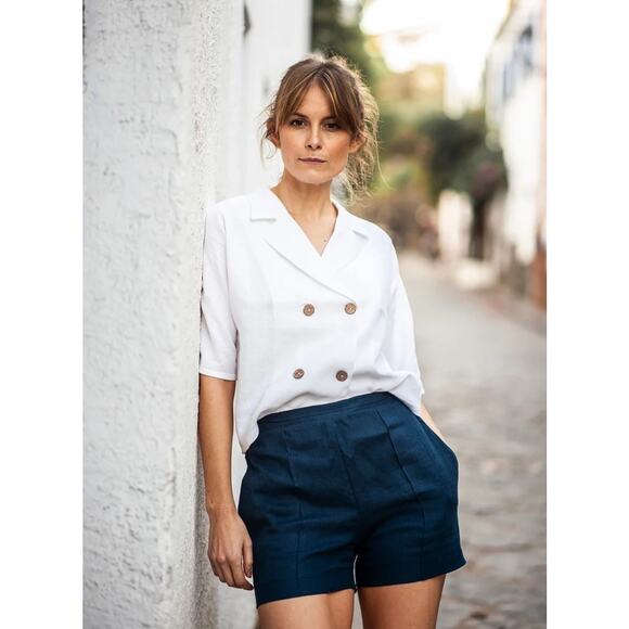 Linen Handmade Studio Cornflower Blue Tori Shorts - Picture 2 of 6